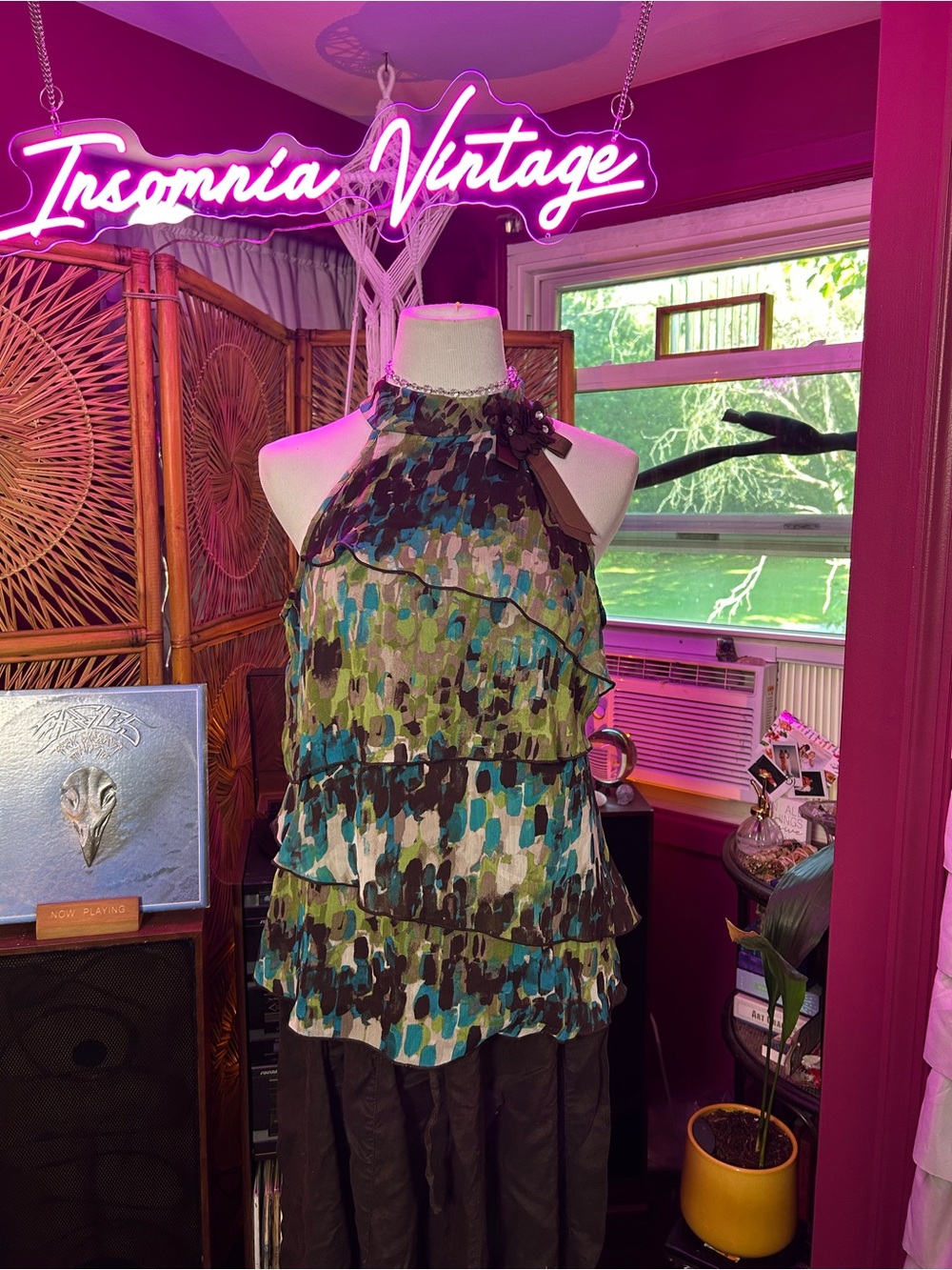 IZ BYER Y2K Ruffled Halter Top in Teal & Olive